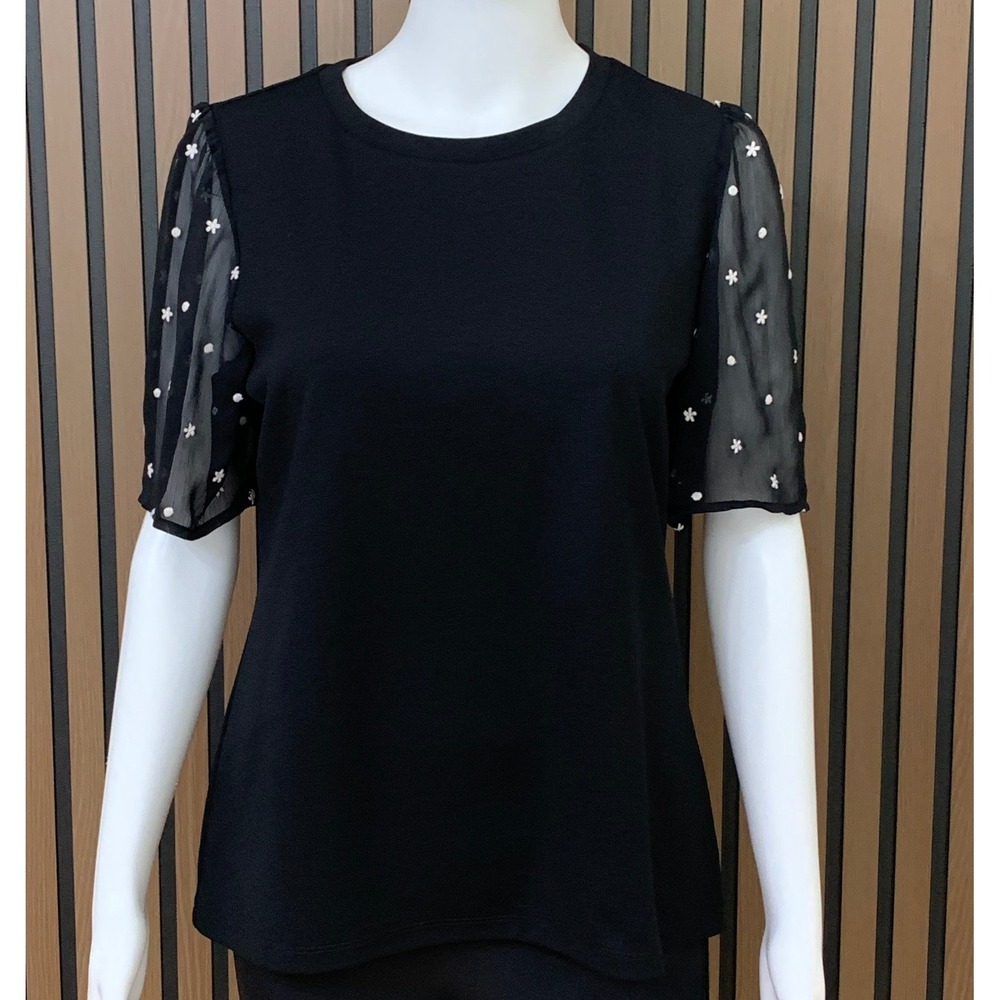 Ann Taylor Women's Black Knit Top Sheer Floral Embroidered Puff‎ Short Sleeve S